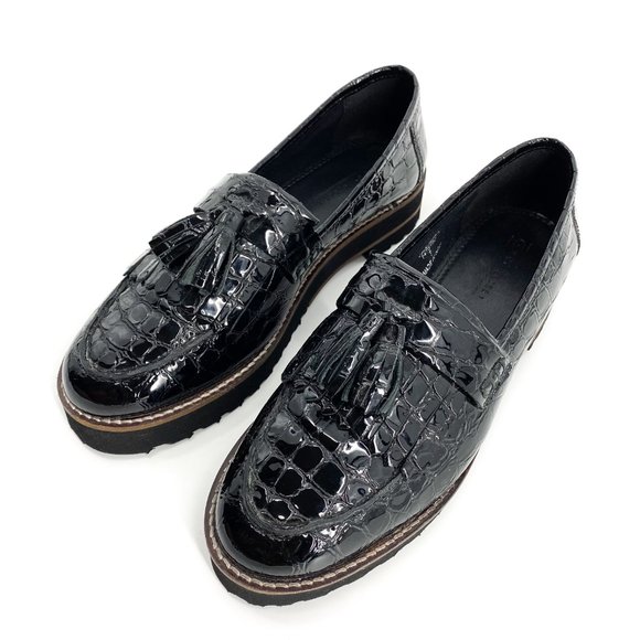 ASOS DESIGN Croc Meze Chunky Fringed Patent Leather Loafers - Picture 4 of 16